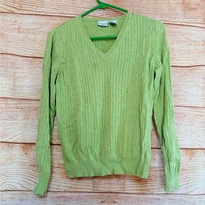 Kim Rogers Cable Knit V-Neck Sweater • Green • Women’s PM Petite Medium